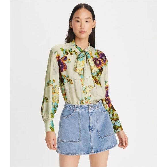 Sold Tory Burch Printed Viscose Bow Blouse top $448 size 14 NN34 - Picture 5 of 10